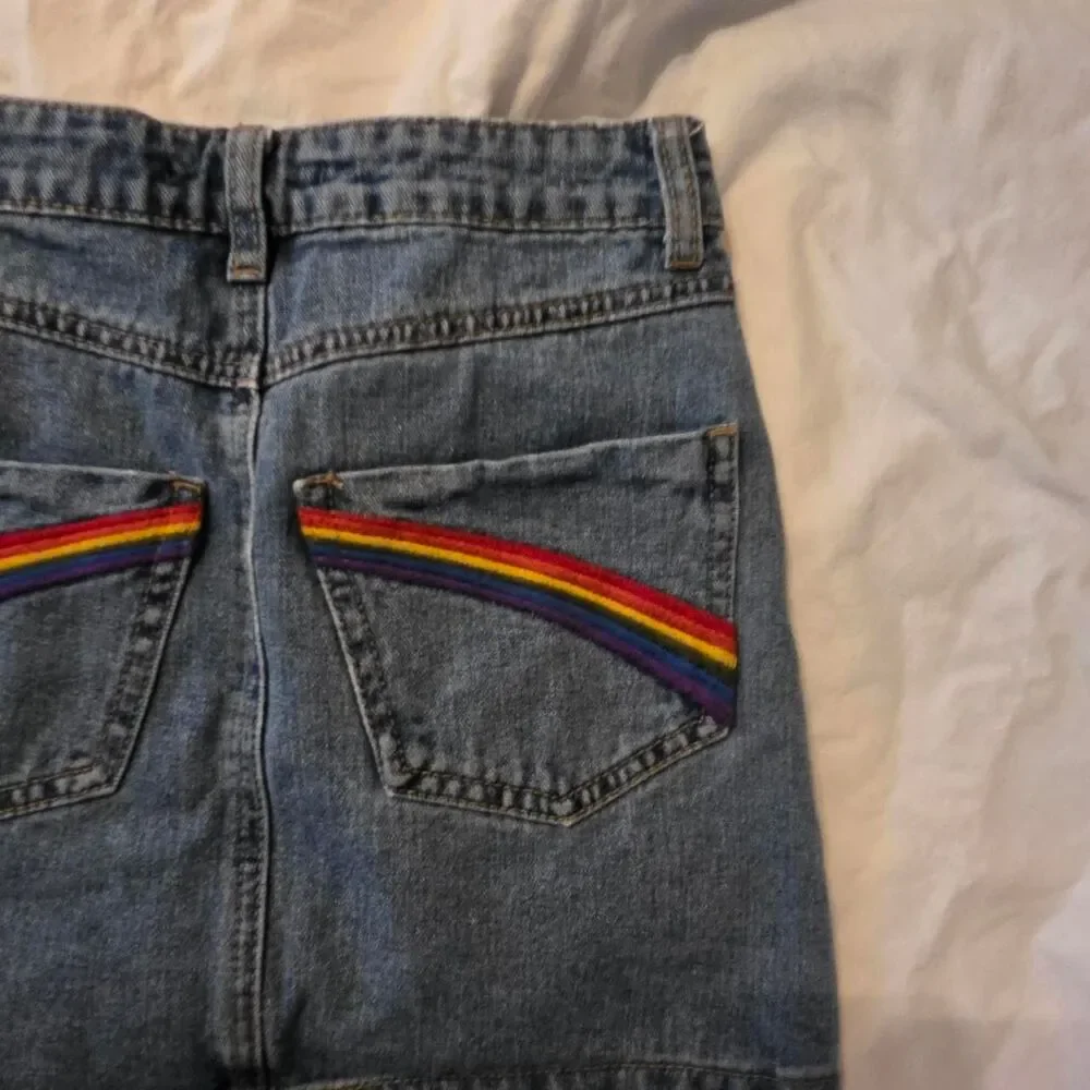 Forever 21 Embroidered Rainbow Pocket Denim Mini Skirt - Size Small Y2K retro
